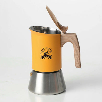 Nordic Design | Stainless Steel Moka Pot Coffee Maker with Wooden Handle | Induction Compatible for Bold Espresso Brewing