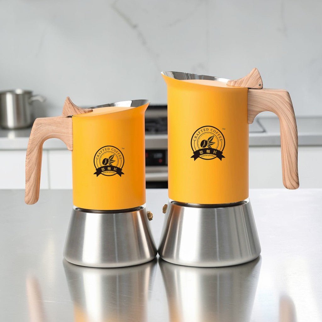 Nordic Design | Stainless Steel Moka Pot Coffee Maker with Wooden Handle | Induction Compatible for Bold Espresso Brewing