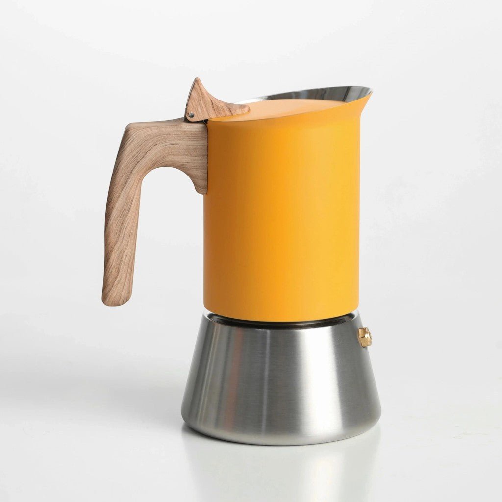 Nordic Design | Stainless Steel Moka Pot Coffee Maker with Wooden Handle | Induction Compatible for Bold Espresso Brewing