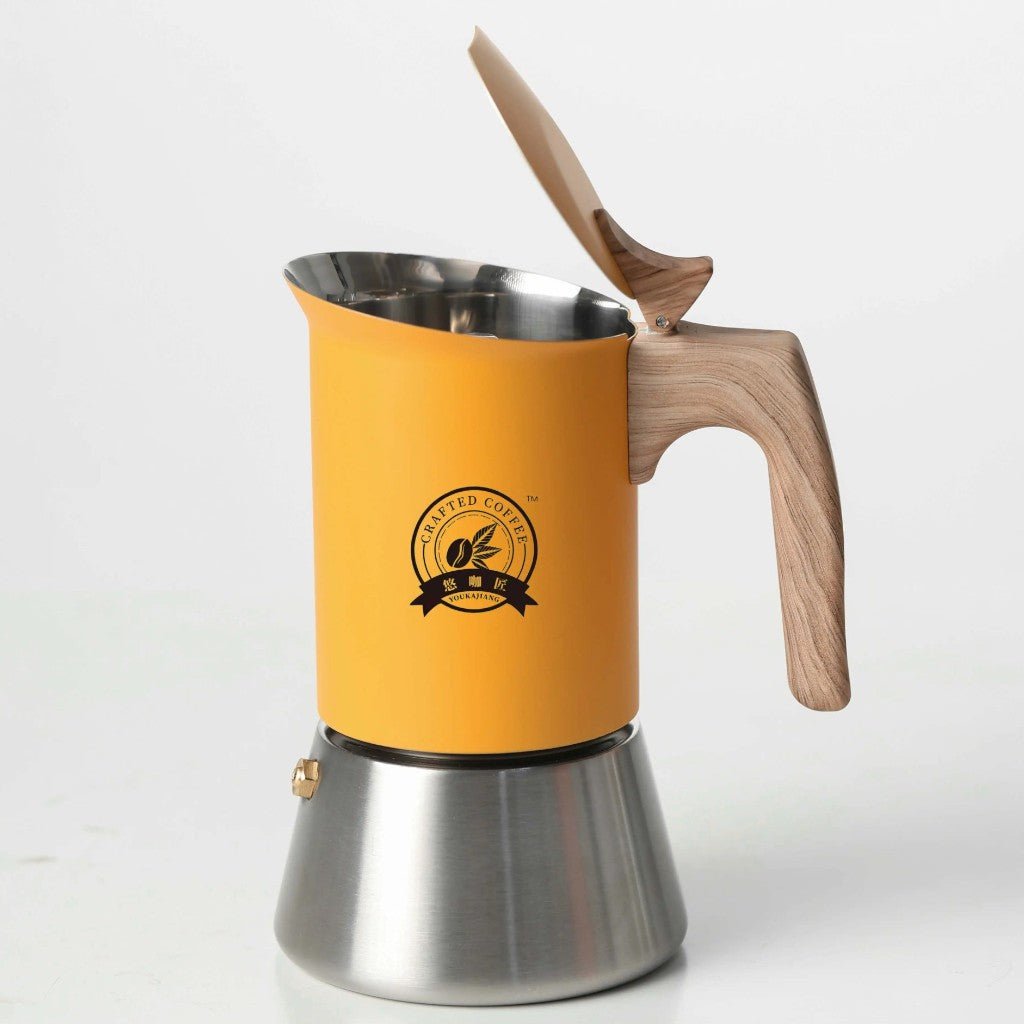 Nordic Design | Stainless Steel Moka Pot Coffee Maker with Wooden Handle | Induction Compatible for Bold Espresso Brewing