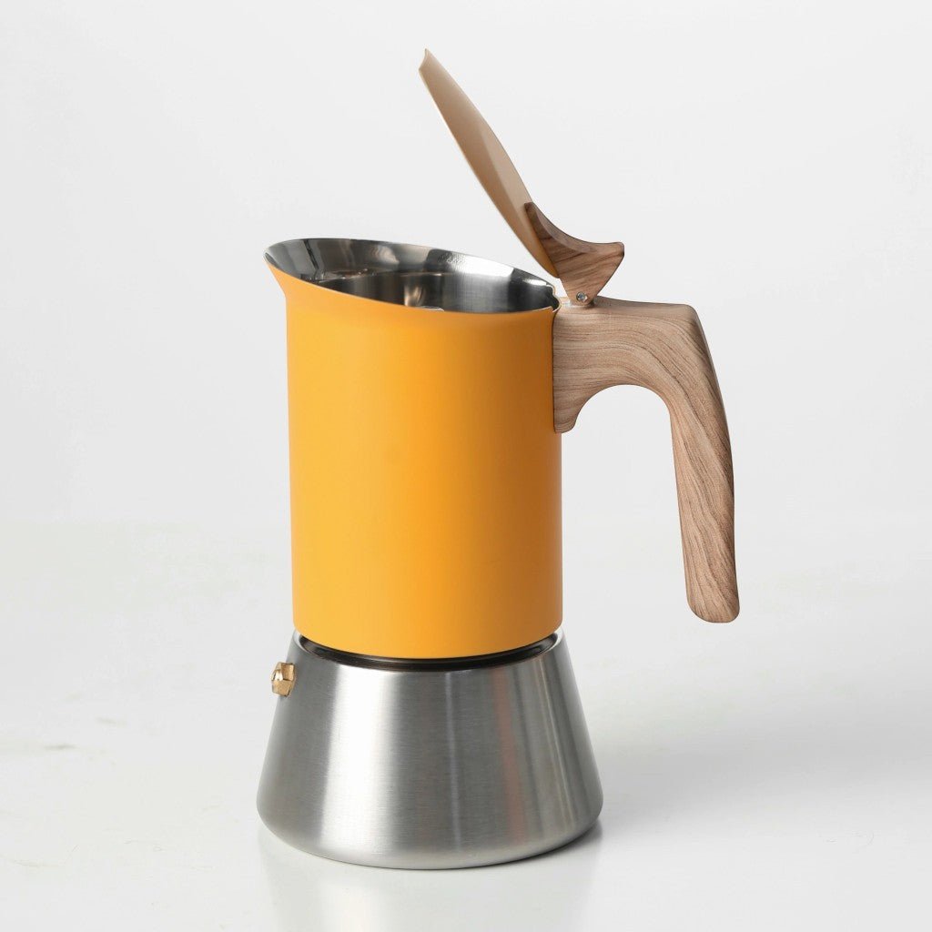 Nordic Design | Stainless Steel Moka Pot Coffee Maker with Wooden Handle | Induction Compatible for Bold Espresso Brewing