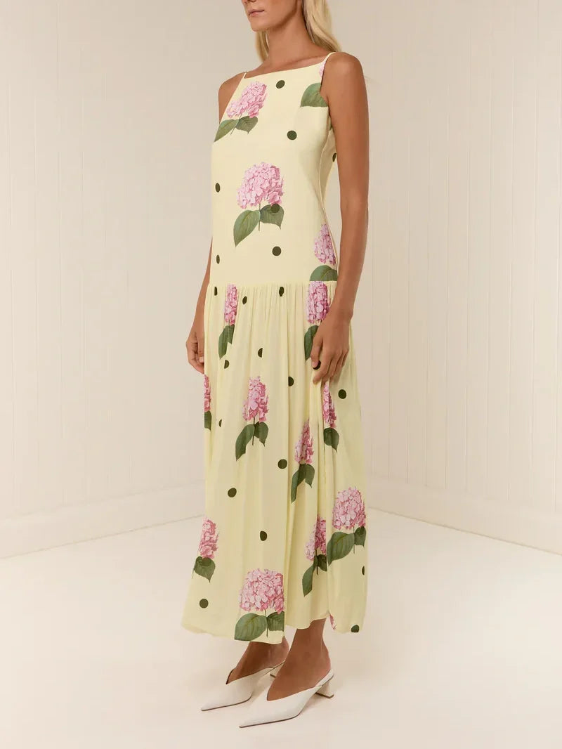 Elegant Polka Dot Floral Print Midi Dress