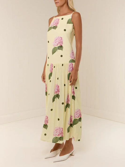 Elegant Polka Dot Floral Print Midi Dress