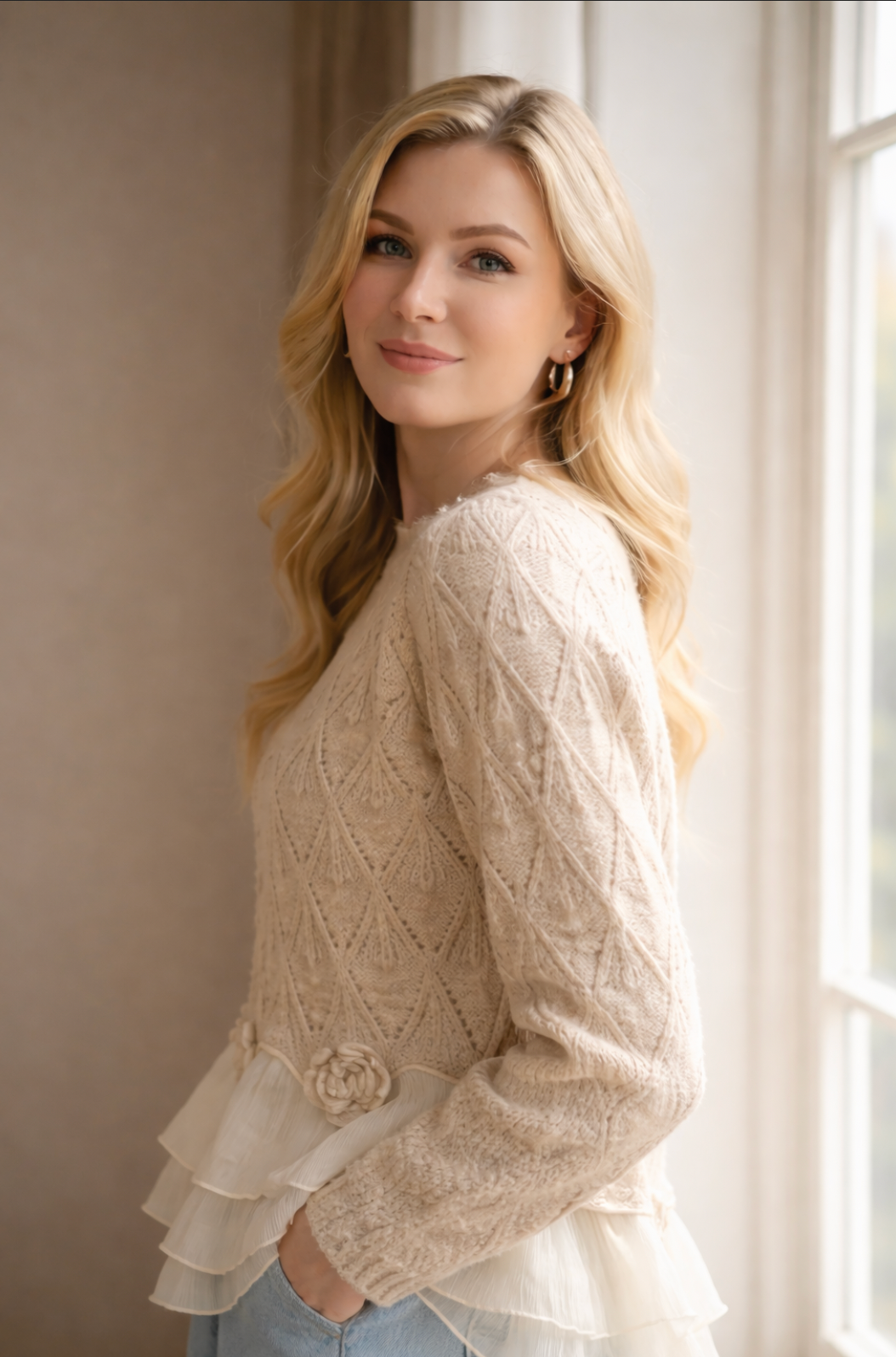Rhoswen | Women's Elegant Ruffle-Trim Cardigan for Winter