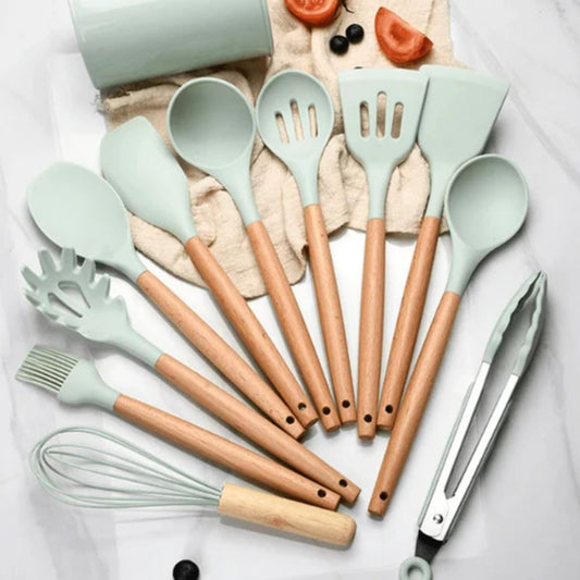 Silicone Cooking Utensil Set with Wooden Handles | 11-Piece Kitchen Essential for Safe and Effortless Cooking - photo 1