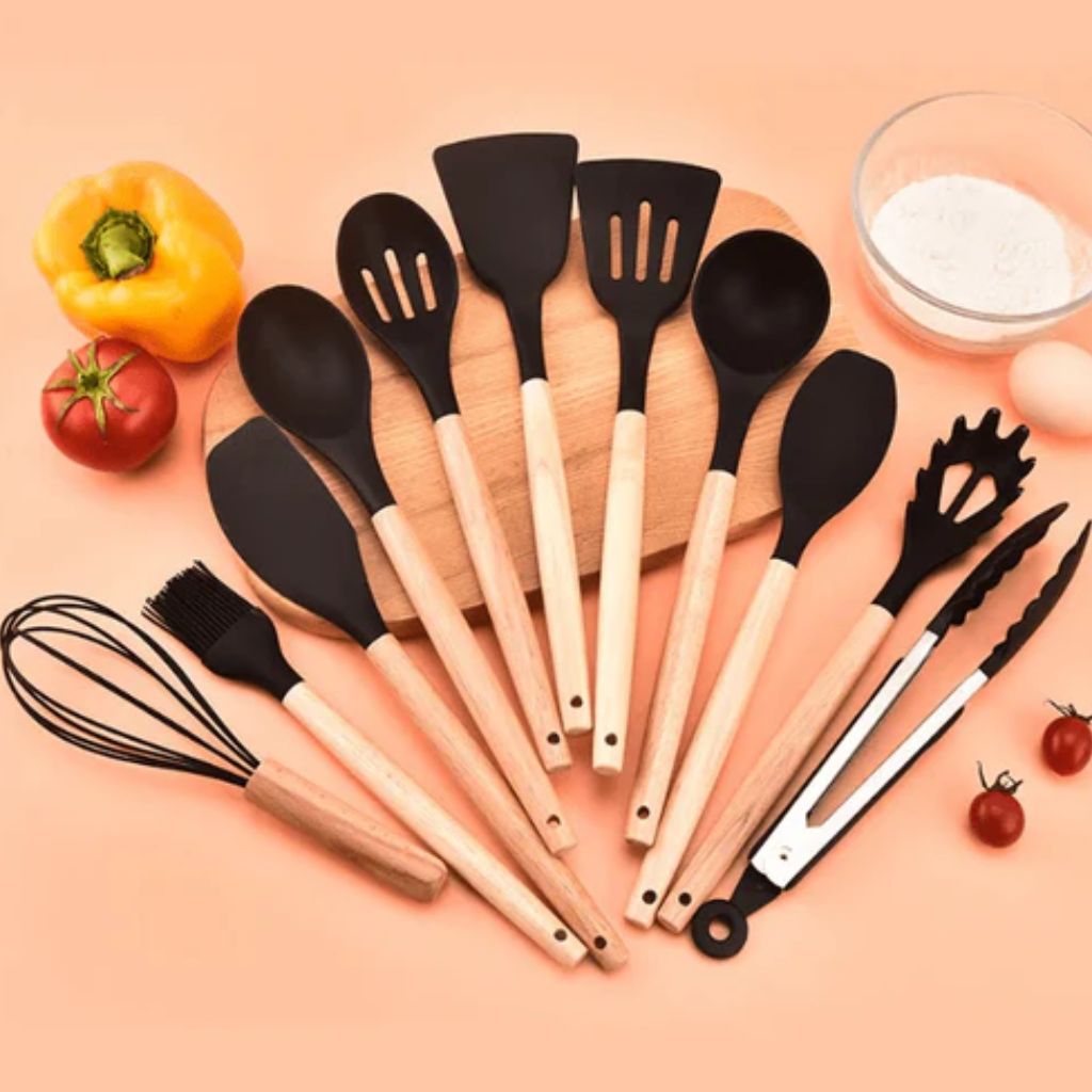 Silicone Cooking Utensil Set with Wooden Handles | 11-Piece Kitchen Essential for Safe and Effortless Cooking