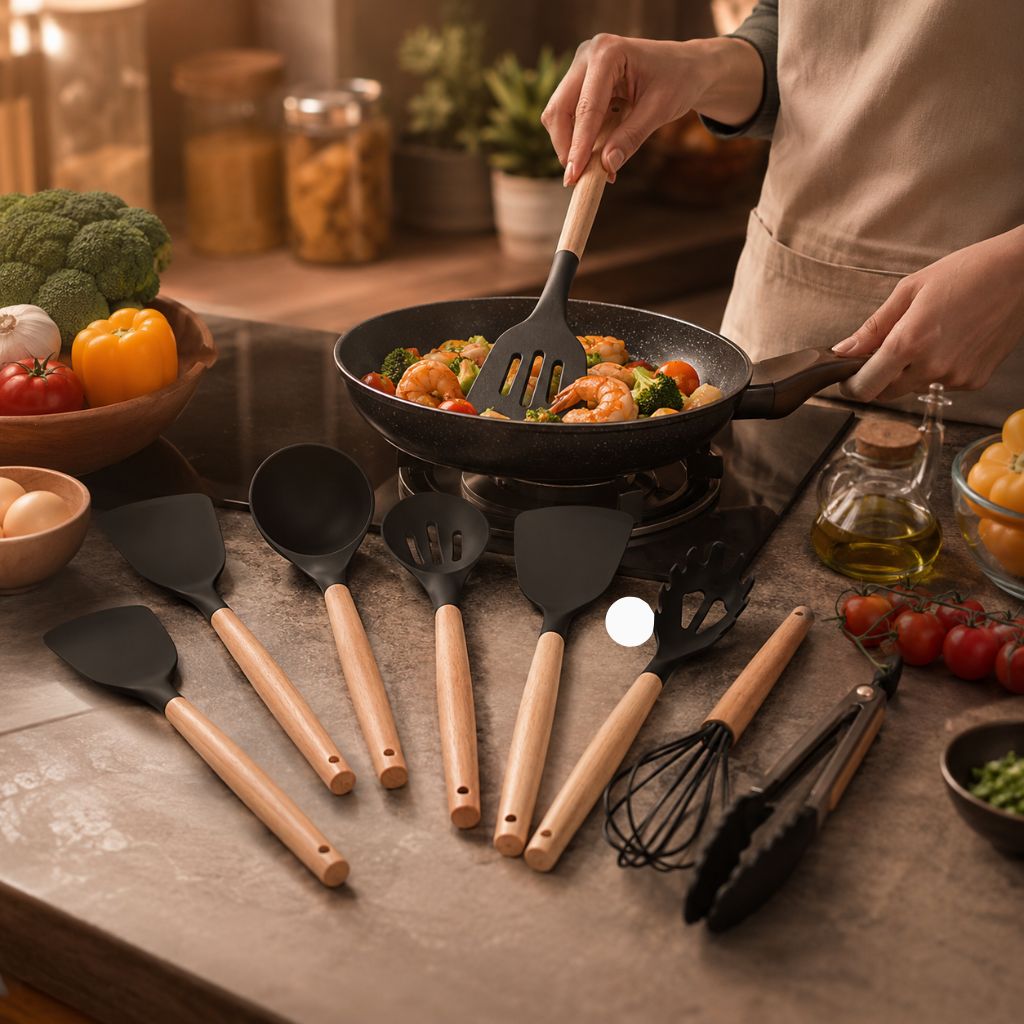 Silicone Cooking Utensil Set with Wooden Handles | 11-Piece Kitchen Essential for Safe and Effortless Cooking - photo 3