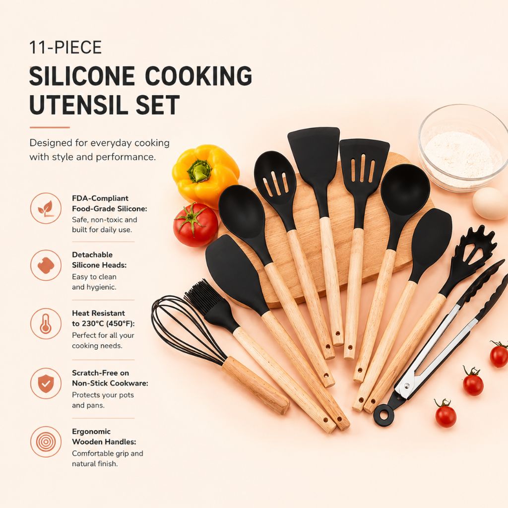 Silicone Cooking Utensil Set with Wooden Handles | 11-Piece Kitchen Essential for Safe and Effortless Cooking - photo 5