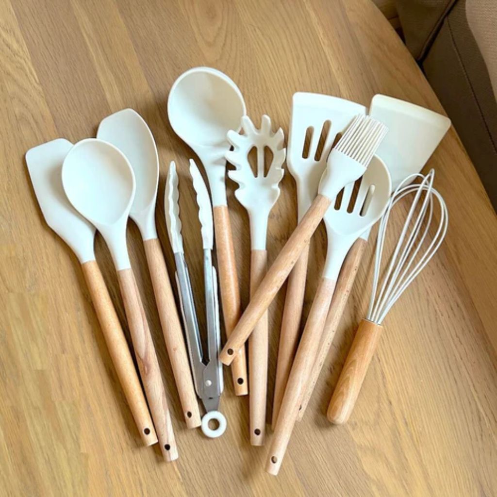 Silicone Cooking Utensil Set with Wooden Handles | 11-Piece Kitchen Essential for Safe and Effortless Cooking