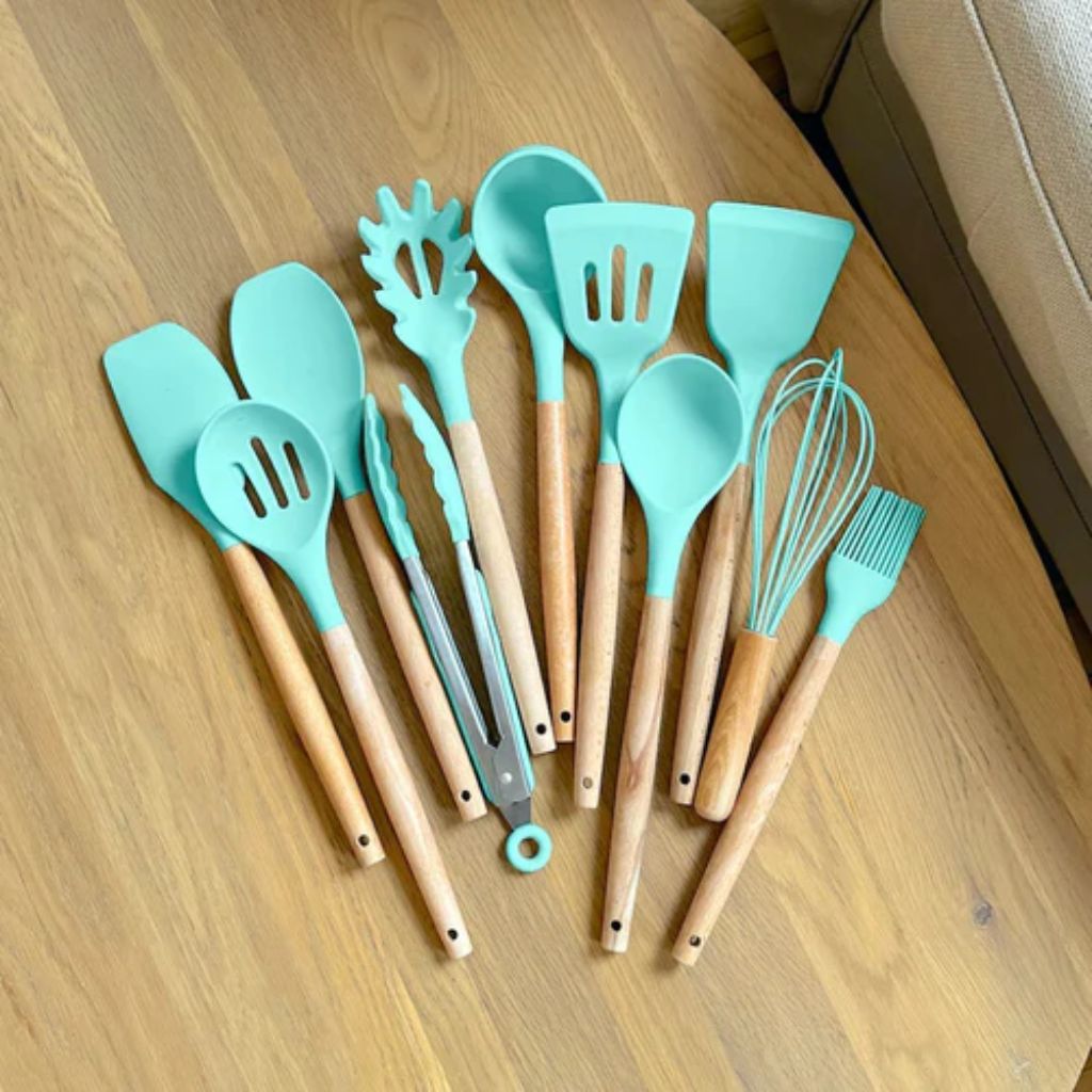 Silicone Cooking Utensil Set with Wooden Handles | 11-Piece Kitchen Essential for Safe and Effortless Cooking
