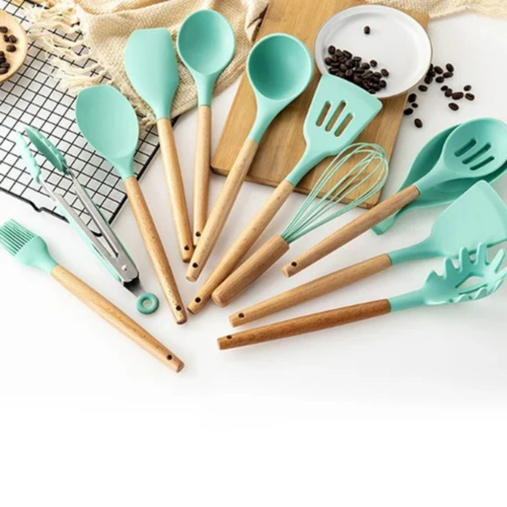 Silicone Cooking Utensil Set with Wooden Handles | 11-Piece Kitchen Essential for Safe and Effortless Cooking
