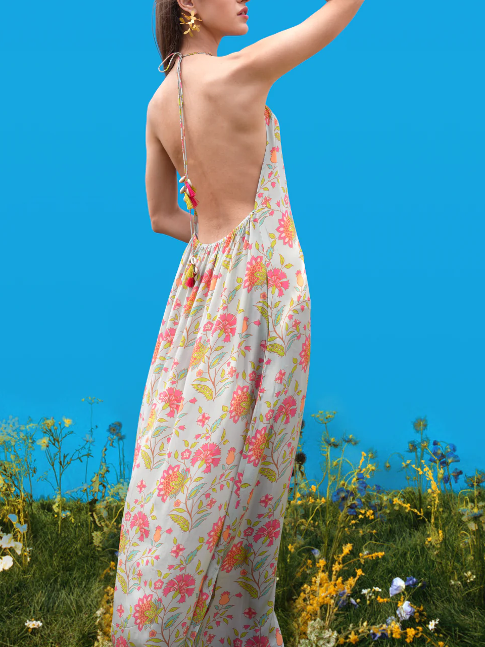 Halter-Back Hand-Drawn Print Maxi Dress
