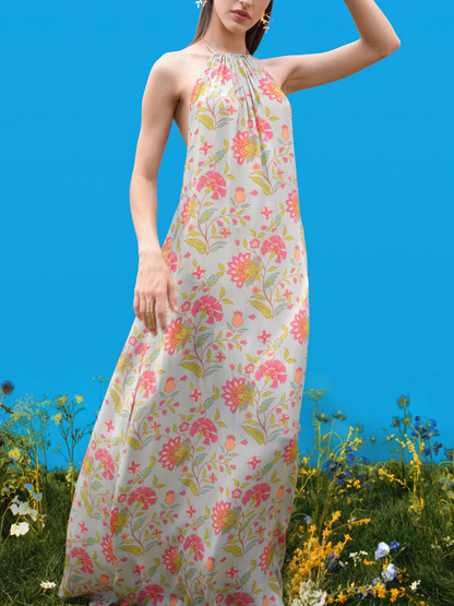 Halter-Back Hand-Drawn Print Maxi Dress