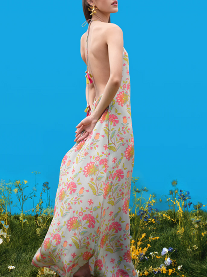 Halter-Back Hand-Drawn Print Maxi Dress