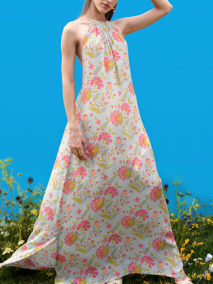 Halter-Back Hand-Drawn Print Maxi Dress