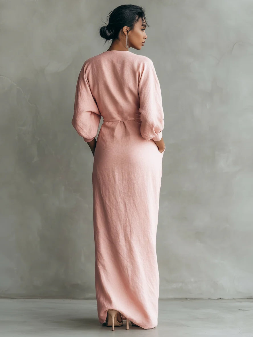 Women's Linen Blend Maxi Dress | Elegant Minimalist V-Neck Summer Dress