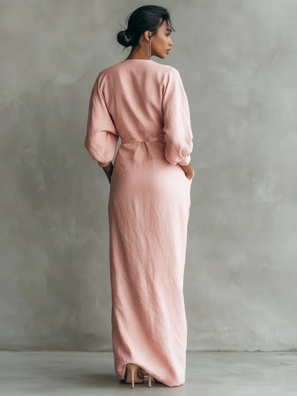 Women's Linen Blend Maxi Dress | Elegant Minimalist V-Neck Summer Dress