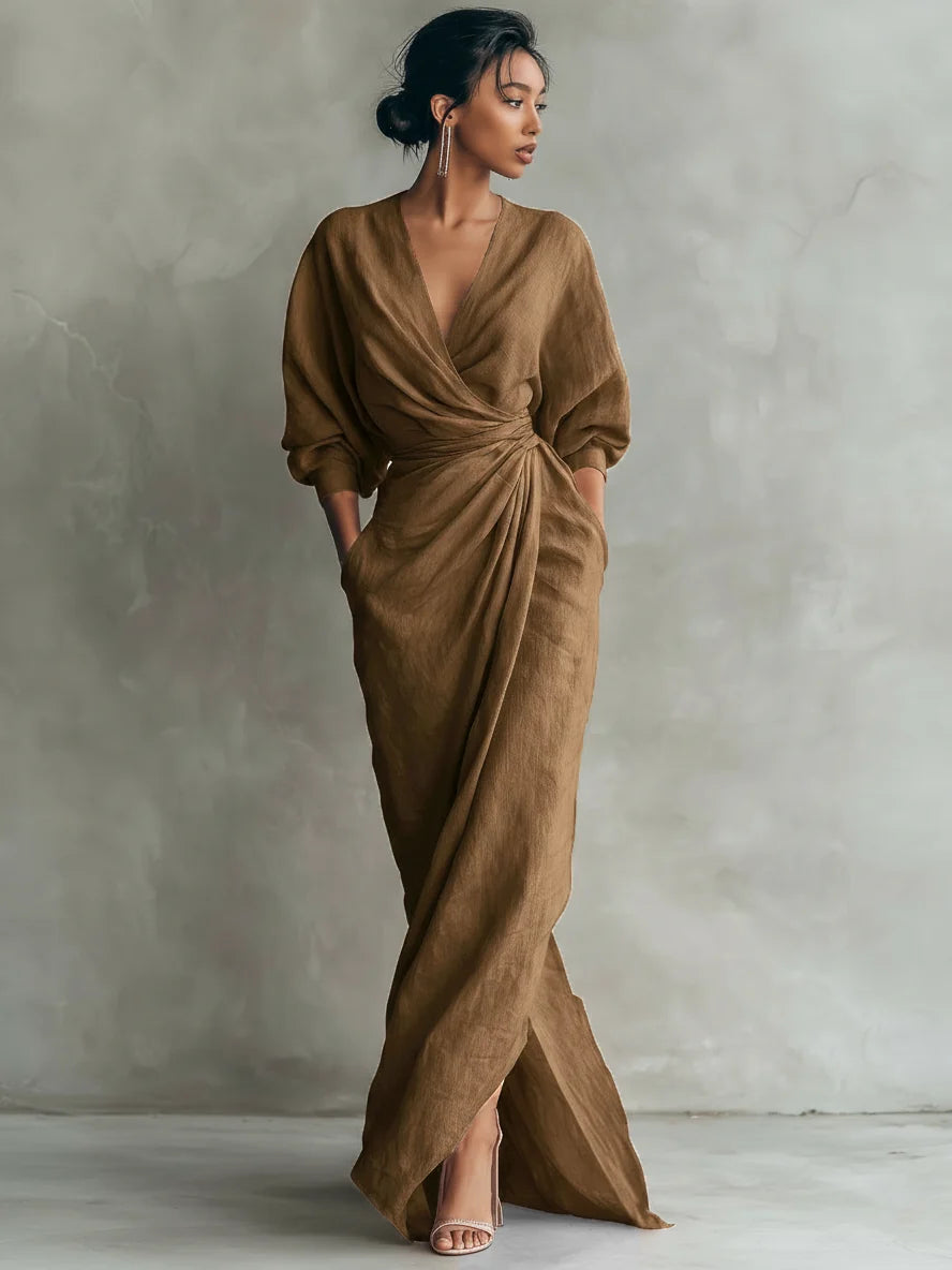 Women's Linen Blend Maxi Dress | Elegant Minimalist V-Neck Summer Dress