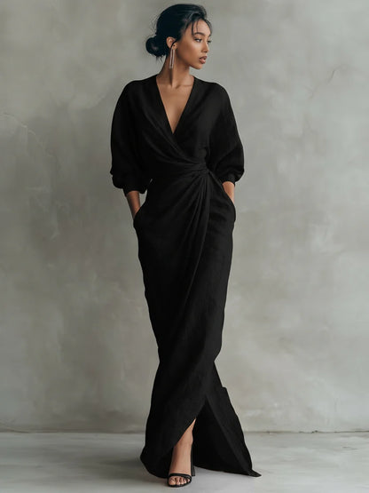 Women's Linen Blend Maxi Dress | Elegant Minimalist V-Neck Summer Dress