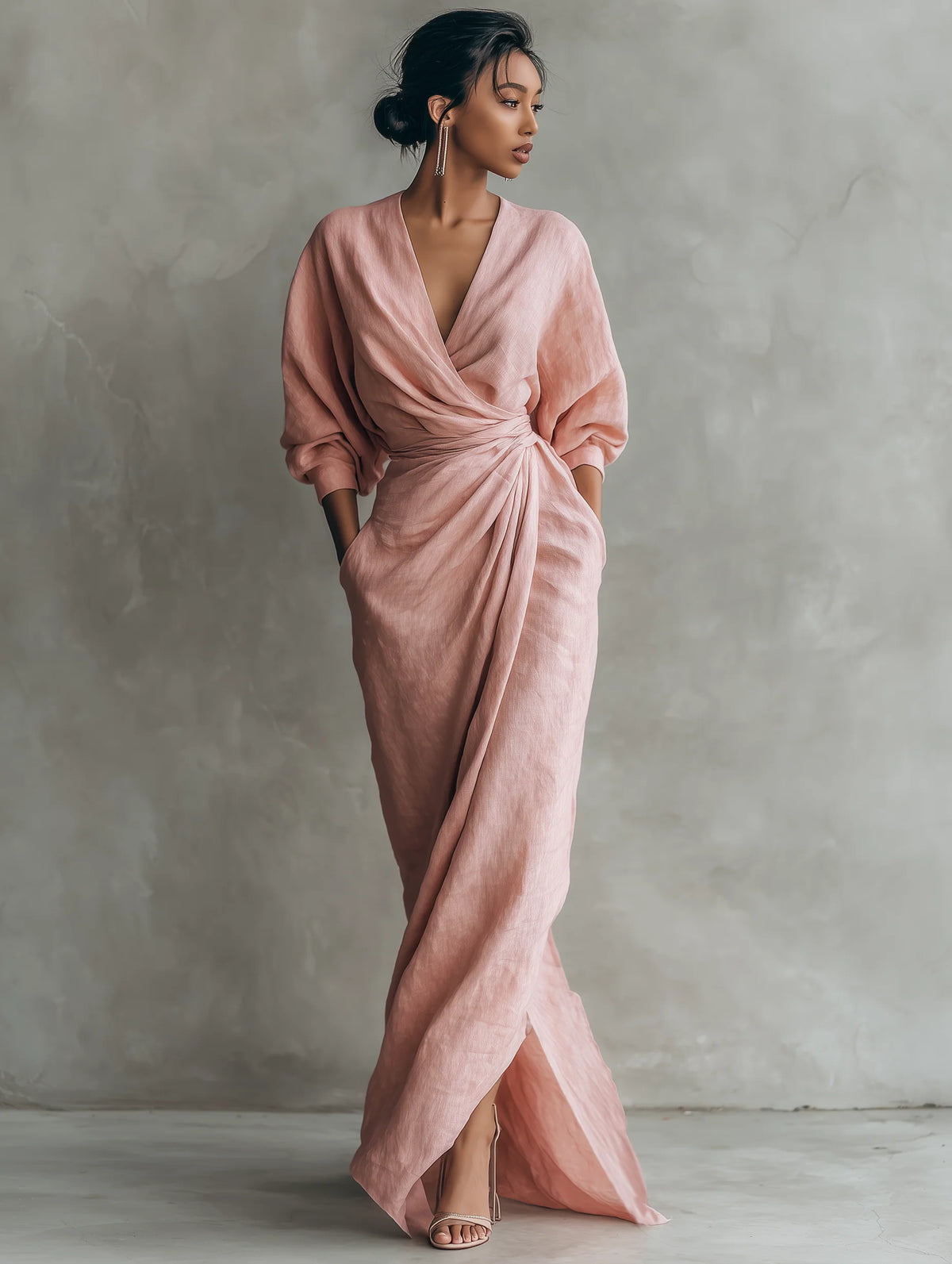 Women's Linen Blend Maxi Dress | Elegant Minimalist V-Neck Summer Dress