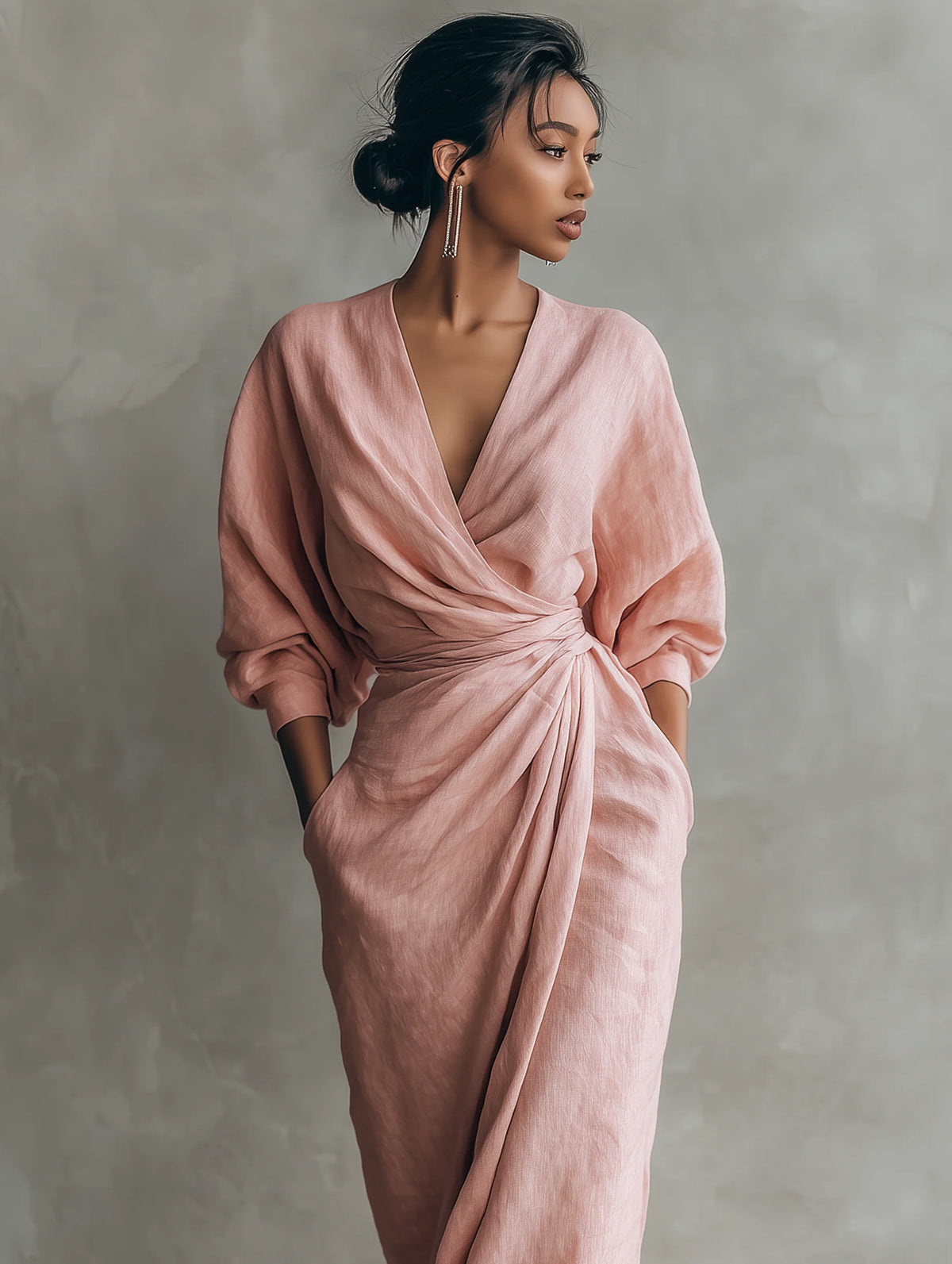Women's Linen Blend Maxi Dress | Elegant Minimalist V-Neck Summer Dress