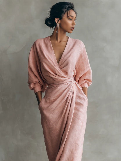 Women's Linen Blend Maxi Dress | Elegant Minimalist V-Neck Summer Dress