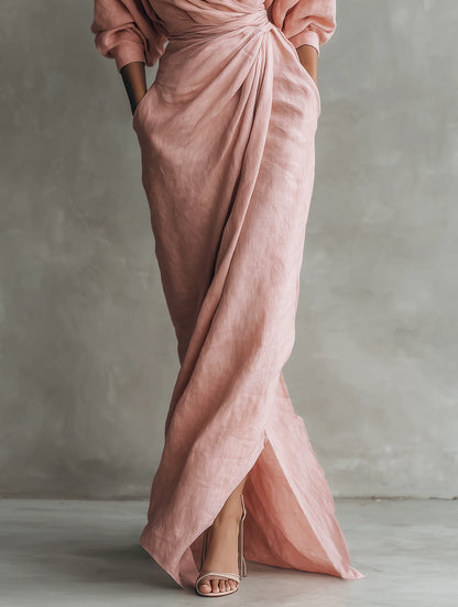 Women's Linen Blend Maxi Dress | Elegant Minimalist V-Neck Summer Dress