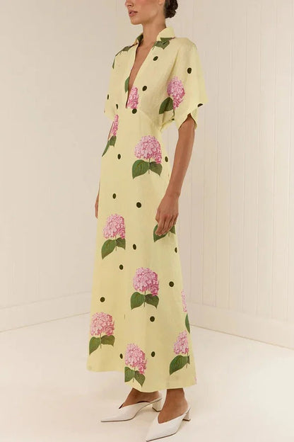 Jasmine Floral Polka Dot Linen-Blend Maxi Dress with Wide Sleeves
