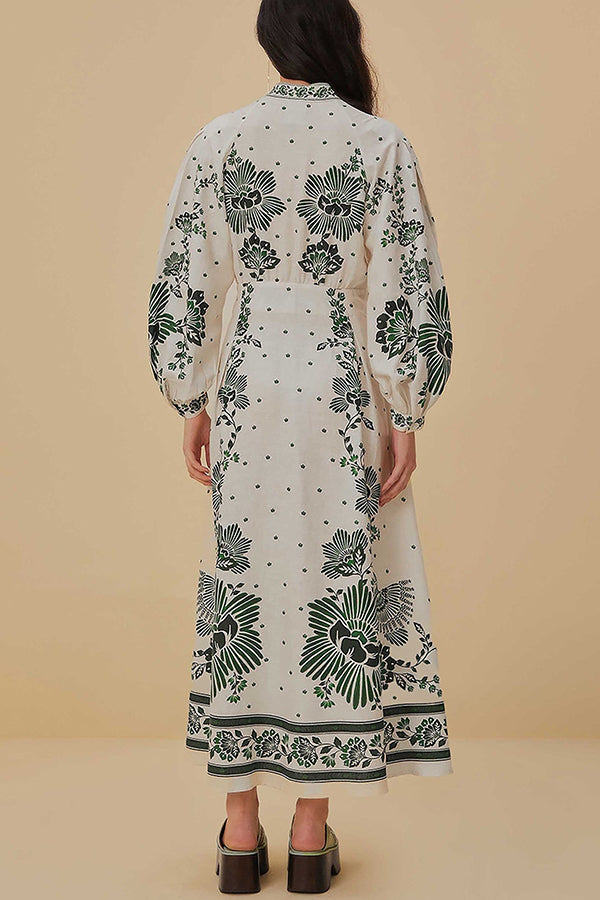 Unique Printed Button-Down Long-Sleeve Maxi Shirt Dress