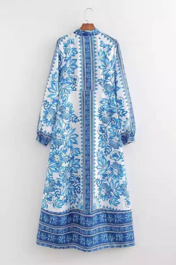 Unique Printed Button-Down Long-Sleeve Maxi Shirt Dress