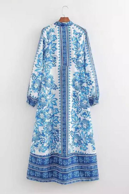 Unique Printed Button-Down Long-Sleeve Maxi Shirt Dress