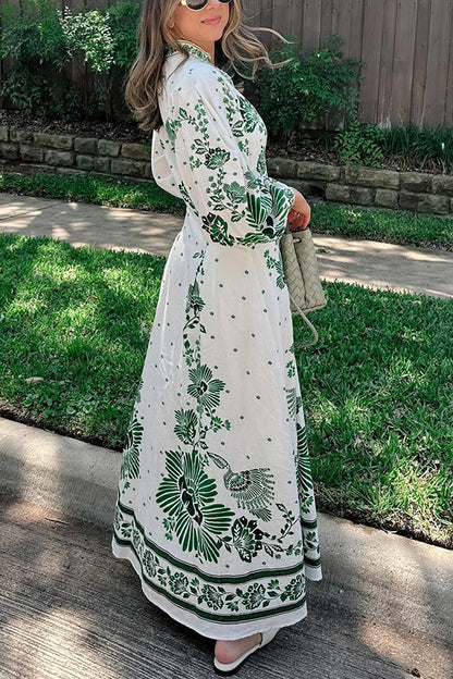 Unique Printed Button-Down Long-Sleeve Maxi Shirt Dress