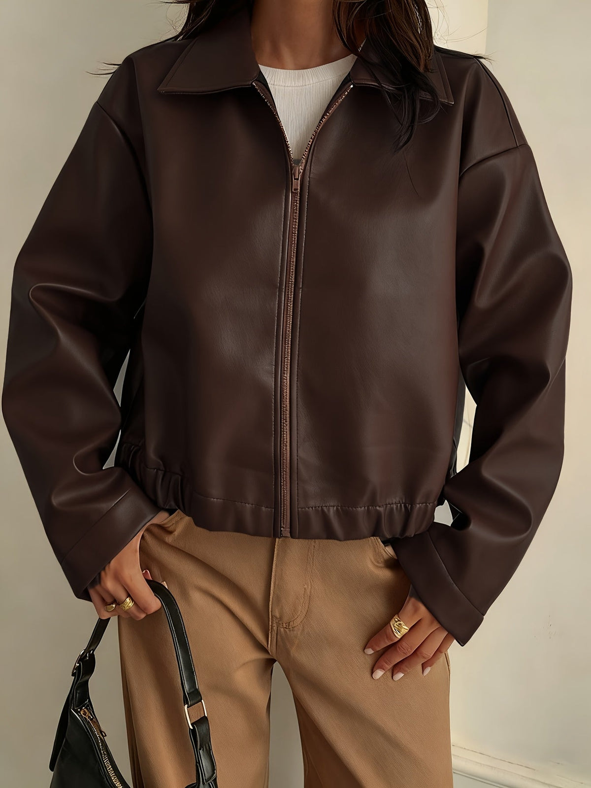 Gwenda | Women's Leather-Look Cropped Shirt-Collar Jacket
