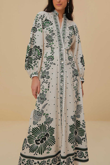 Unique Printed Button-Down Long-Sleeve Maxi Shirt Dress