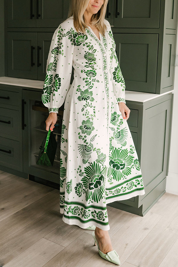 Unique Printed Button-Down Long-Sleeve Maxi Shirt Dress