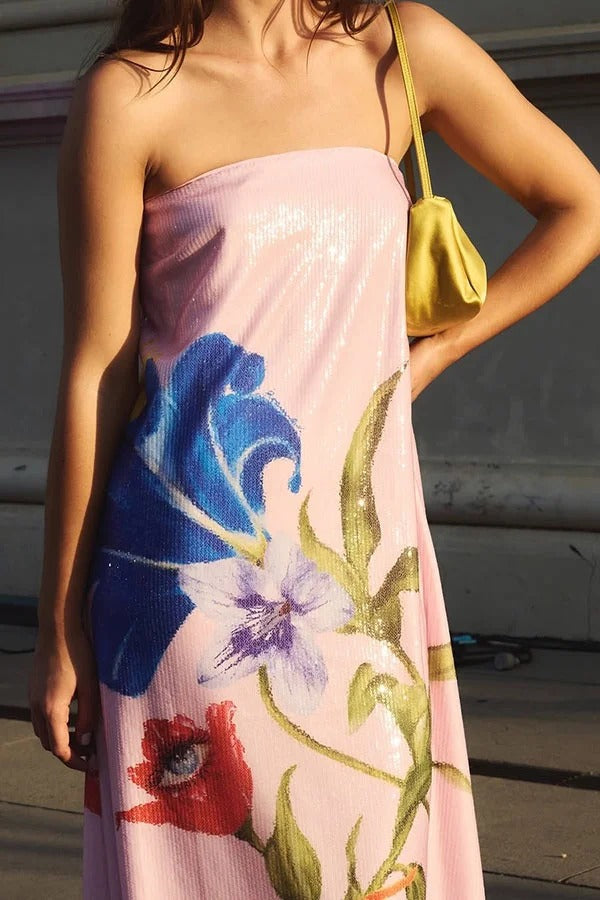 Glamorous Evening Sequin Floral Off-Shoulder A-Line Maxi Dress