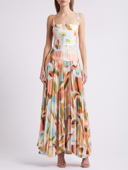 Unique Abstract Print Pleated Maxi Dress with Open Back