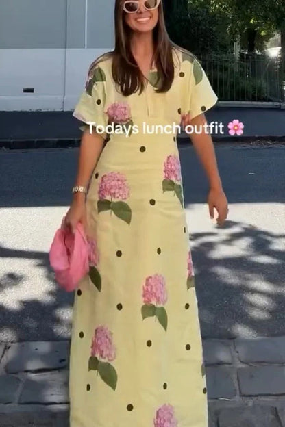Jasmine Floral Polka Dot Linen-Blend Maxi Dress with Wide Sleeves