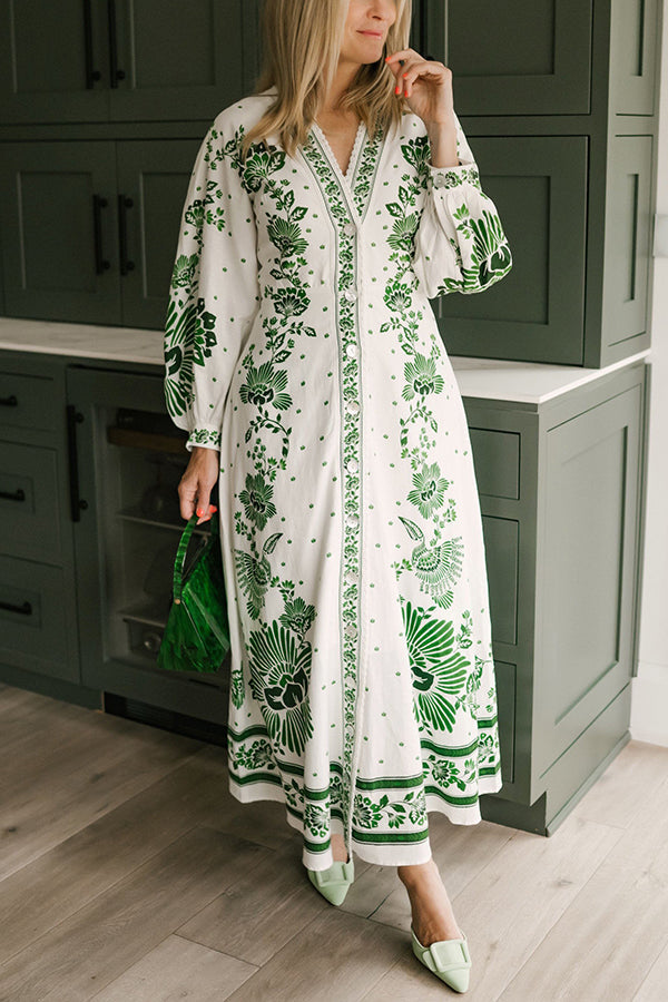Unique Printed Button-Down Long-Sleeve Maxi Shirt Dress