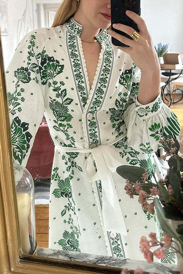 Unique Printed Button-Down Long-Sleeve Maxi Shirt Dress