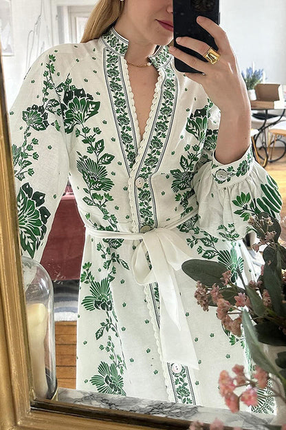 Unique Printed Button-Down Long-Sleeve Maxi Shirt Dress