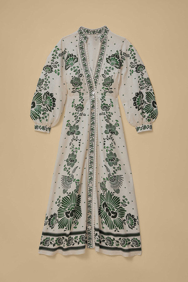 Unique Printed Button-Down Long-Sleeve Maxi Shirt Dress