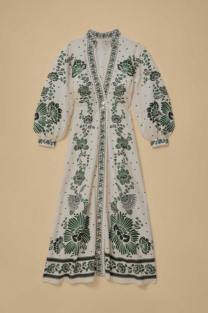 Unique Printed Button-Down Long-Sleeve Maxi Shirt Dress