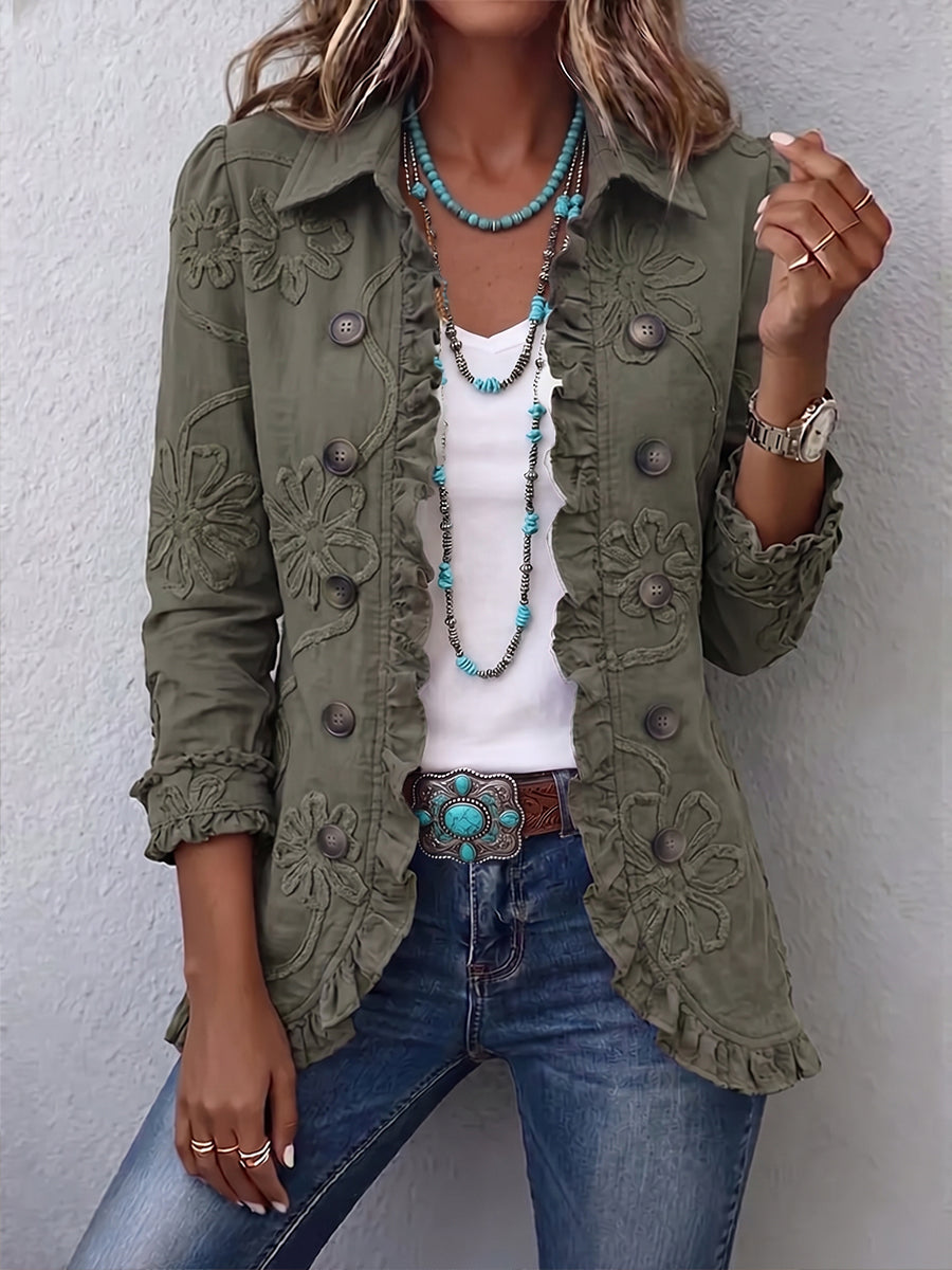 Floral Embroidered Utility Jacket with Ruffled Trim