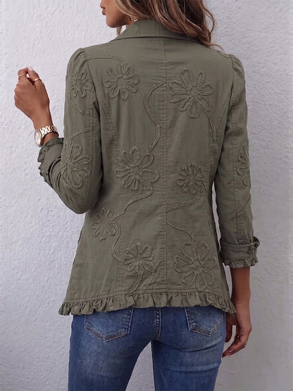 Floral Embroidered Utility Jacket with Ruffled Trim