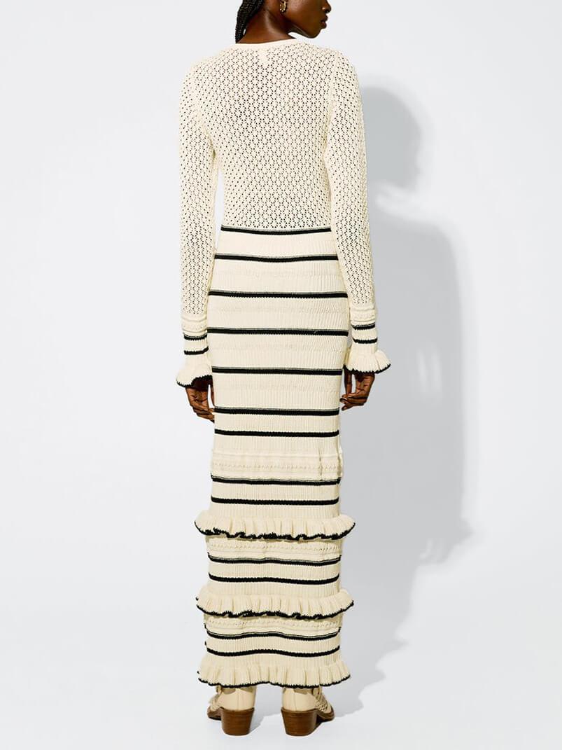Jessica | Women's Striped Knit Maxi Dress with Elegant Ruffle Long Sleeves