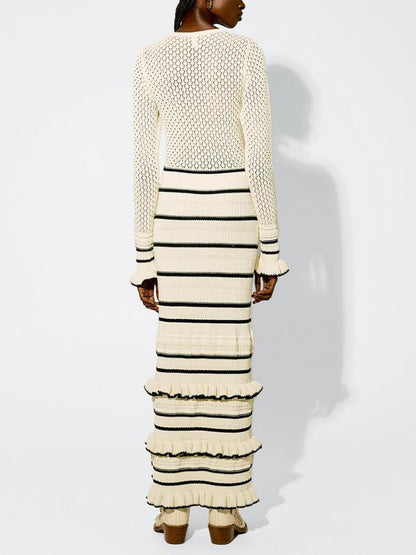 Jessica | Women's Striped Knit Maxi Dress with Elegant Ruffle Long Sleeves