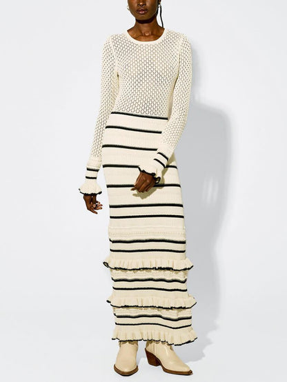Jessica | Women's Striped Knit Maxi Dress with Elegant Ruffle Long Sleeves