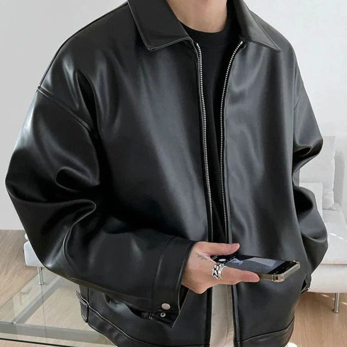 Freddie | Men's Oversized Faux Leather Zip-Up Bomber Jacket