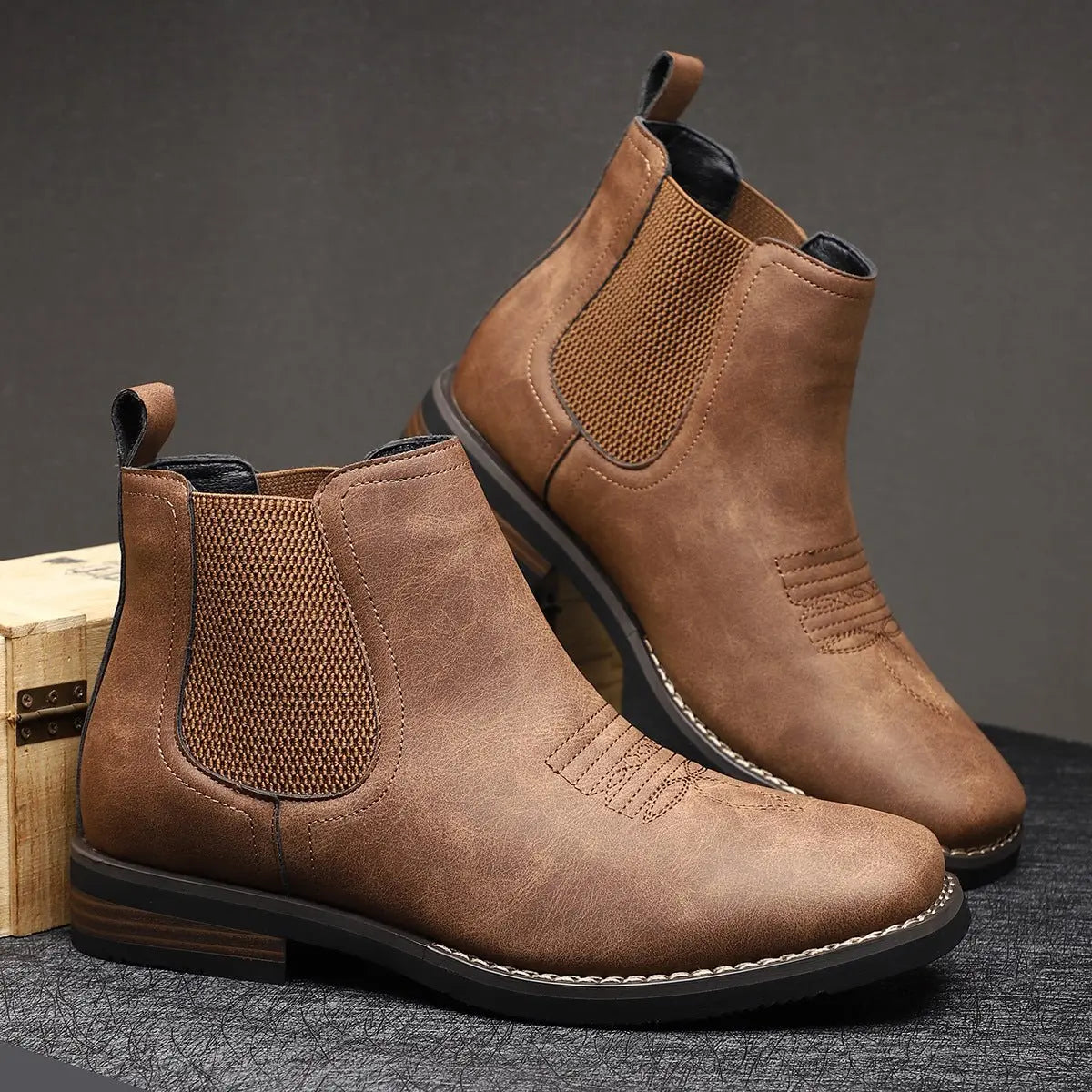 Matthew | Men's Slip-On Chelsea Ankle Boots with Western Stitching